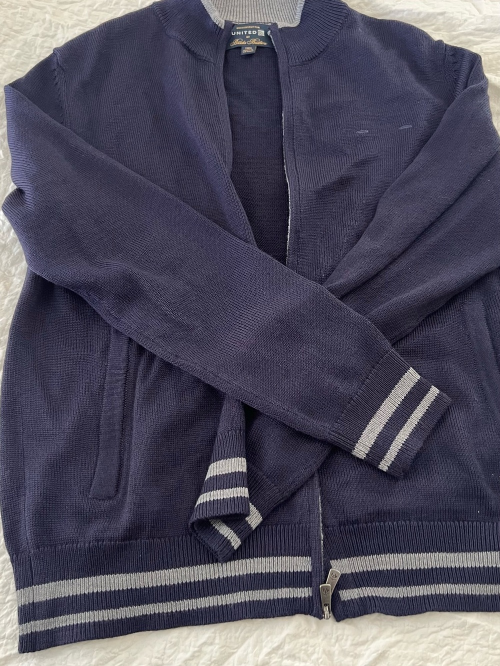 Brooks Brothers Navy Zip-Up Sweater with Gray Stripes